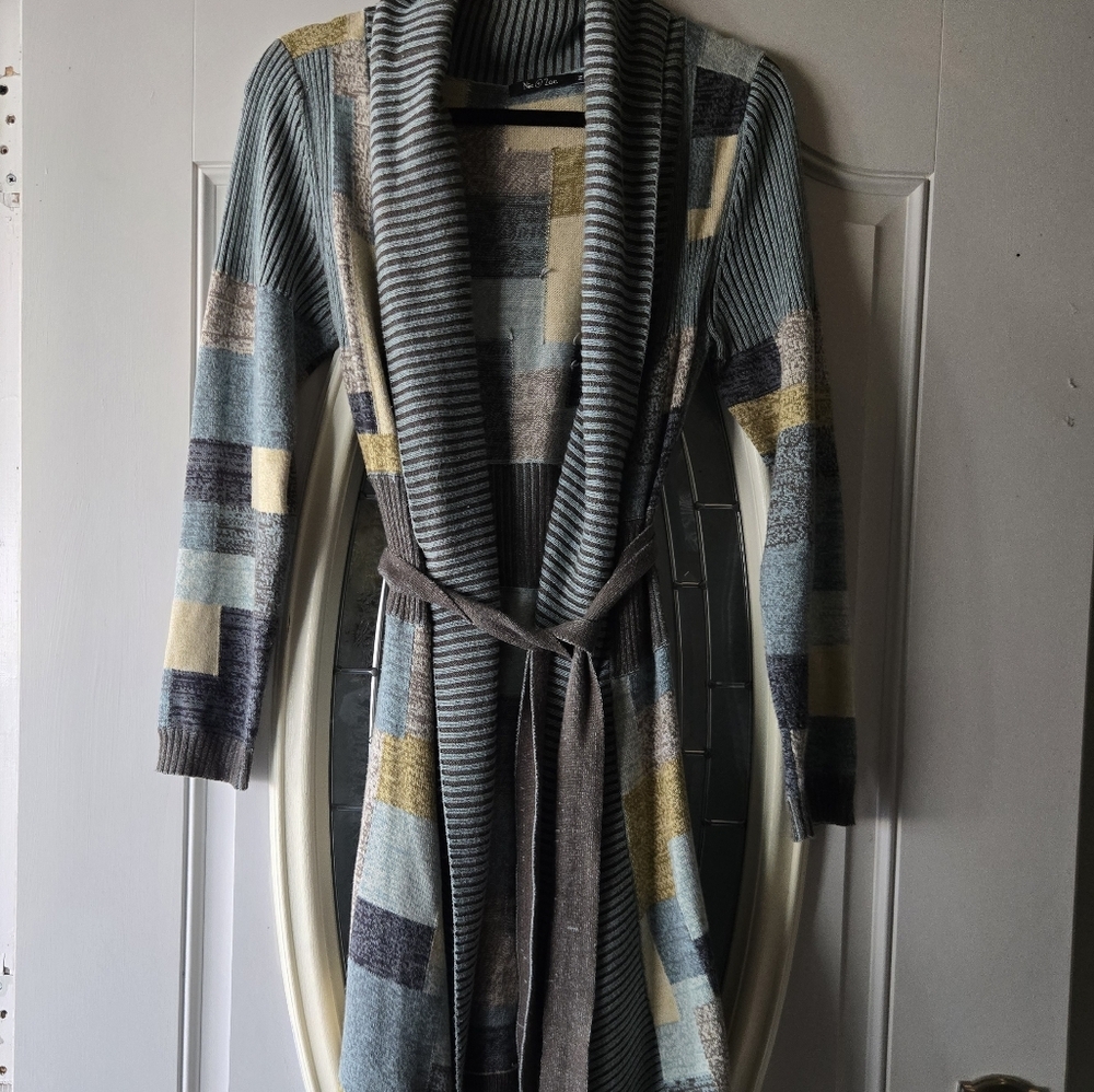 NIC+ZOE Multicolor Blue Patchwork Striped Cardigan ~Medium Cottonblend Retro - Picture 5 of 9